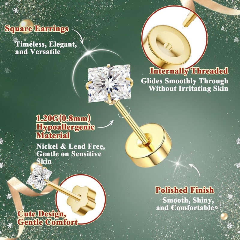 davka 7 Pairs 20G Flat Back Stud Earrings for Women Men Hypoallergenic 14K Gold Plated Surgical Steel Stack Cartilage Earrings for Multiple Piercing Sensitive Ears Bonus Plum Blossom FlatBack Studs CZ 2-8mm - Image 2